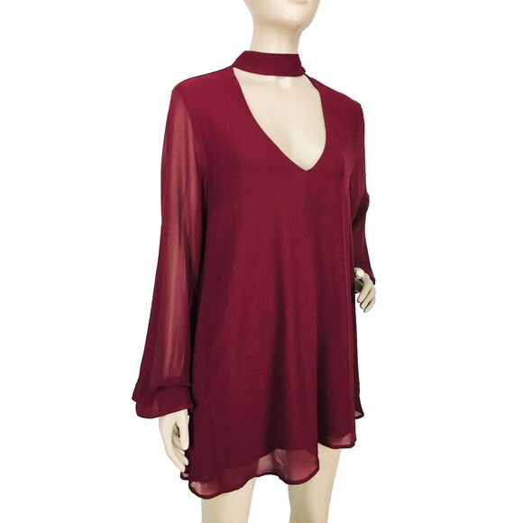 Show Me Your Mumu Josephine Burgundy Chiffon Choker Sheer Balloon Sleeve Dress - Picture 6 of 9